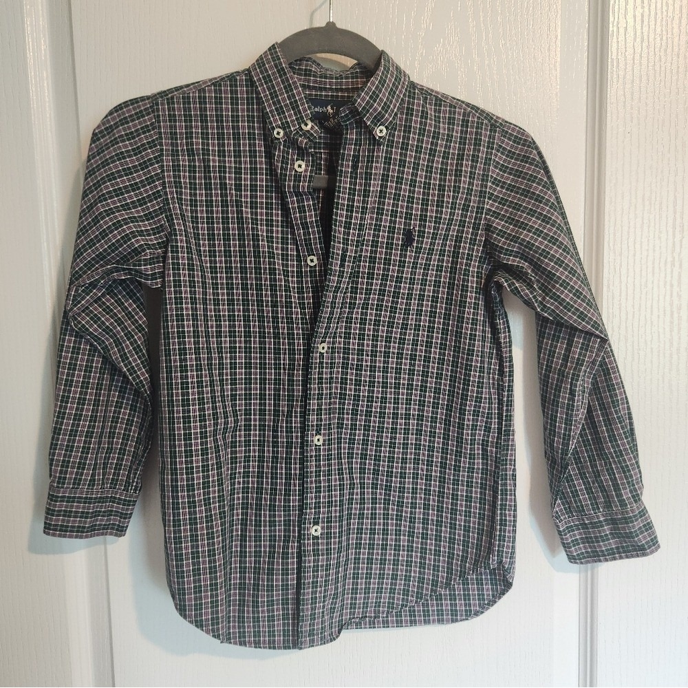 Vtg Ralph Lauren Boys Sz 7 Purple Green Check Plaid Button‎ Up Long Sleeve Shirt